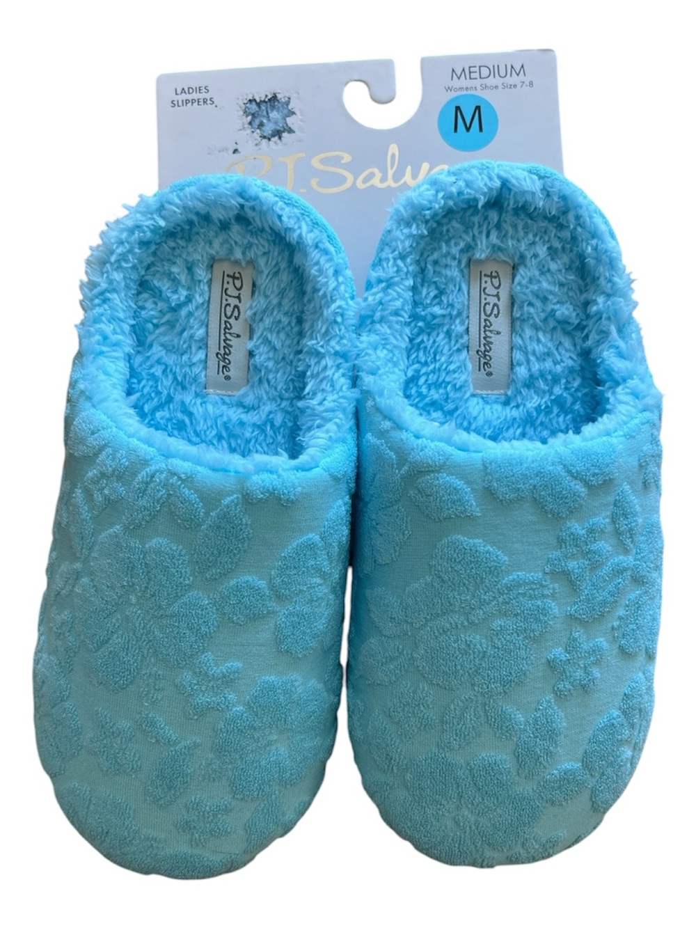 New PJ Salvage Women’s Plush Hibiscus Blue Slippers - size Medium (7/8)